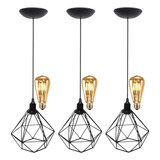 3 Pendentes Aramado Teto Diamante Luminária Lustre Retrô Balcão + Lâmpada Led St64 Vintage Preto