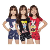 3 Pijamas Princesa Unicórnio Curto Menina