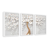 3 Quadros Arvore Cerejeira Branca Folha Tronco Dourado 40x60