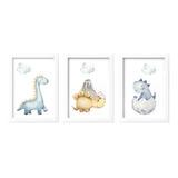 3 Quadros Decorativos Dino Baby Aquarela Com Moldura