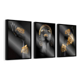 3 Quadros Decorativos Negra Africana Golden Pulseira + Vidro
