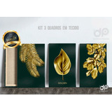3 Quadros Em Tela Tecido Planta Folha Golden Dourado 40x60