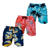 3 Shorts Estampados Com Amarração Bermudas Moda Praia Banho