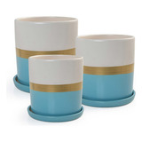 3 Vasos Cachepot Com Pratos Porcelana Branco E Azul Pozzani
