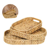 3 Bandejas De Servir Decorar Mesa Posta Rústico Boho Seagras Cor Palha