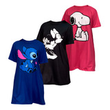 3 Camisão Camisola Vestido Malha Feminino Personagem Pijama