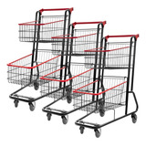 3 Carrinhos Supermercado Compras Duplo Cesto 75 Litros Lojas
