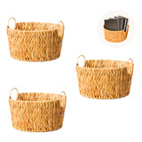 3 Cesto Palha Fibra Natural Roupa Toalha Livros Brinquedos