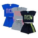 3 Conjuntos Meow Shorts E Blusinha Com Estampa 100 Algodão