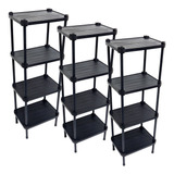 3 Estantes De Plástico Modular Multiuso 4 Prateleiras 1 Torre Preta Montável 52 Kg Qualyplas