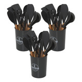 3 Kit Talheres Silicone Cabo De Madeira Copo Suporte Cinza