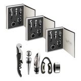 3 Kit Vinho Dosador Saca Rolhas Abridor Tampa Livro 05 Peças
