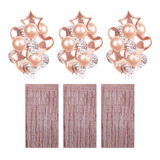 3 Kits Buque 14 Balões 3 Cortinas Lisas Rose Gold