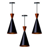 3 Luminárias Pendente Cone Canadá Sala Cozinha Churrasqueira Cor Preto Topo Cobre 110v 220v