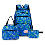 3 Peça Mochila Infantil Escolar Necessaire Bolsa Termica Cor Azul