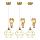 3 Pendentes Aramado Diamante Lustre Cabo Cristal Dourado 3 Lãmpadas Led St64 Vintage Retrô