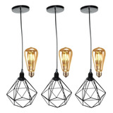 3 Pendentes Aramado Diamante Lustre Retrô Preto Lâmpada 110v 220v