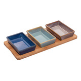 3 Petisqueiras Com Bandeja Lyor De Ceramica 31cm X 14 5cm Cor Colorido