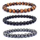 3 Pulseiras Hematita Olho De Tigre Onix Proteção Diâmetro 23 Cm