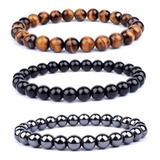 3 Pulseiras Hematita Olho De Tigre Onix Proteção Promoção