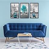 3 Quadros Árvore Azul Paris Torre Eiffel Londres 60x40 Cm  60x40  Moldura Preta 