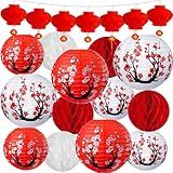 33 Peças De Lanterna De Papel Chinesa Japonesa Decorações De Ano Novo Conjunto De Decoração De Lanternas De Ano Novo Lunar Vermelho Branco Cerejeira Flores Decorativas Penduradas Lanternas De Papel