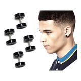 4 Brinco Masculino Falso Alargador Acrílico Preto 8 Mm Aço