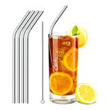 4 Canudos Ecológico Reutilizável Aço Inox Curvo + 1 Escova