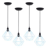 4 Pendentes Aramado Diamante Lustre Retrô Vintage Industrial Cor Azul Tiffany
