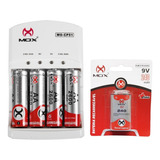 4 Pilhas Aa + 1 Bateria 9v Recarregável + Carregador Mox