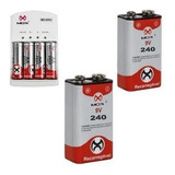 4 Pilhas Aa + 2 Bateria Recarregável 9v Mox + Carregador