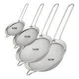 4 Peneira Aço Inox Kit Utensílio Para Polvilhar Coador Cozinha 8cm 10cm 12cm 16cm Completo