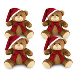 4 Ursos Pelúcia Papai Noel Natal 25cm Decoração