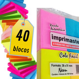 40 Blocos Recados Cole Fácil Neon 38x50mm 100 Folhas Cores Rosa Azul Laranja Amarelo Imprimaster