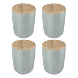 4x Porta Algodão Ceramica Cinza Ou Osaka C Tampa De Bambu