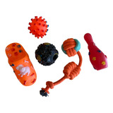 5 Brinquedos Pet Bolinha Mordedor Corda Petisco Som Laranja