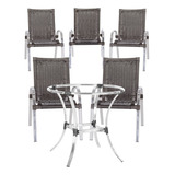 5 Cadeiras Aluminio Tramado Fibra + Base De Mesa Redonda