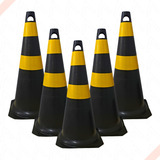 5 Cones Rígido 75cm Faixa Refletiva Preto E Amarelo Shopping