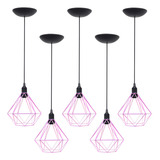 5 Pendentes Aramado Diamante Lustre Vintage Retrô Industrial Cor Rosa