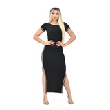 5 Vestido Longo Fenda Lateral Manga Curta Canelado Revenda