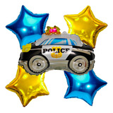 5 Balão Metalizado Carro Policia Estrela Decoração Festa Cor Dourado E Azul