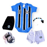 5 Pçs Body Bebê Grêmio 2 Shorts Tênis E Prendedor Chupetas