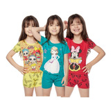 5 Pijamas Feminino Infantil Curto Princesa