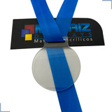 50 Medalhas Redondas 4cm Acrílico Cristal 2mm C/fita Azul