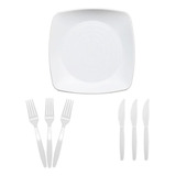 50 Kit Refeição Prato Quadrado Acrílico 22cm Garfo E Faca