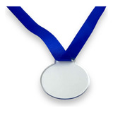 50 Medalhas Redondas 5cm Acrílico Cristal 2mm C Fita Azul