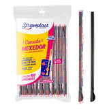 500 Canudo Colher Mexedor Drink Preto Strawplast