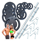 50kg Anilhas + Barra 1,80cm E 2 De 40cm Maciças Halter