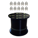 50m Cabo Aço Academia Revestido Preto 1/8 + 10 Grampos 5mm