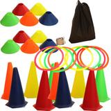 6 Cones Coloridos + Disco Tipo Chapéu Chinês + 8 Argolas Kit